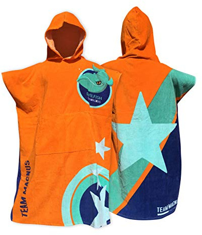 TEAM MAGNUS Badeponcho Kinder mit 6 coolen Designs (Einheitsgröße 120-170cm) - dunkelblau, orange, hellblau, pink in 360 GSM Baumwolle