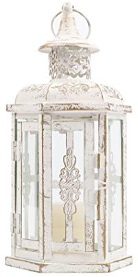 JHY DESIGN Decorative Hanging Lanterns, 25cm High Vintage Glass Candlestick Metal Candle Holder for Garden Living Room Indoor Outdoor Bedroom Parties Weddings Gifts Balcony(White with Gold Brush)