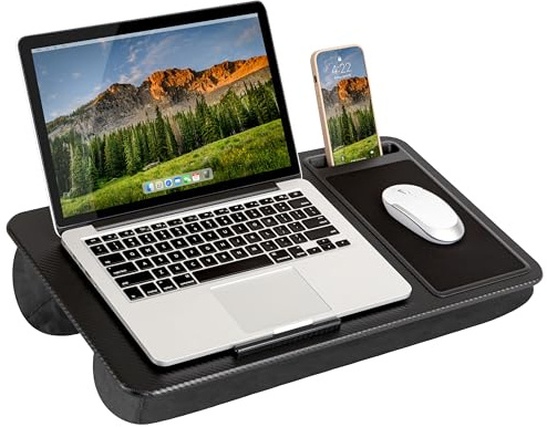 LAPGEAR Home Office 91588 Schoßschreibtisch mit Geräteleiste, Mauspad und Handyhalterung, Schwarz, Carbon, passend für Laptops bis zu 39,6 cm (15,6 Zoll)