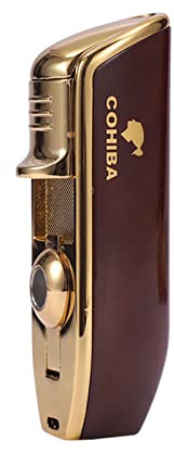 Foern Adjustable Torch Lighters with 3 Jet Flame, Refillable Gas Lighter with Cigar Cutter, Windproof Candle Lighter for Smoking Cooking Welding BBQ (without Butane),Brown