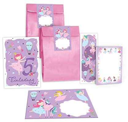Junapack 12 Einladungskarten zum 5. Kindergeburtstag fünfte Geburtstag Mädchen Ballerina incl. 12 Umschläge, 12 Tüten/rosa, 12 Aufkleber, 12 Lesezeichen, 12 Blöcke