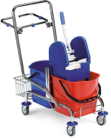 Carrello lavapavimenti in acciaio per pulizie professionali con doppio secchio lt.15, strizzatore mop, ruote, reggisacco e cestino porta prodotti