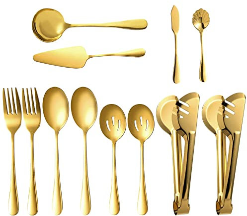 Lot de 12 ustensiles de service dorés en acier inoxydable avec fourchettes de service de 24 cm, cuillères à fente, pince, louche, couteau à beurre, tarte, ustensiles de service en or pour fêtes