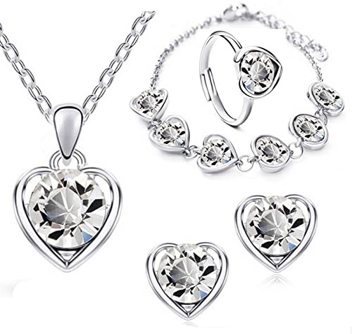 Prosy Herz-geformte Kristall Halskette Gold Silber Ohrringe Armband Ring Set Mode Liebe Herz Anhänger Choker Halsketten Schmuck für Frauen und Mädchen (Sliber)