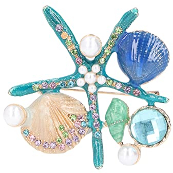 Femmes Strass Perle Broche, Grande Coloré étoile De Mer Broches Fantaisie Style Vintage Shell Cristal Robe Accessoires Bijoux Boutonnière Corsage Brooches Clips Mode Pour Chapeau Sac Costume Bleu