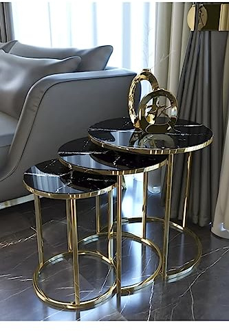 Dubrilux Round Nest Of Tables Set - 3 Piece Gold & Silver Nesting, Coffee, Side, Sofa End Table (Milano)