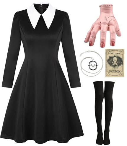 Mrsclaus Set Costume da Mercoledì per Donna della Famiglia Addams con Guanti, Calzini al Ginocchio e Abito Nero per Adulti, Carnevale, Halloween, Cosplay, Festa C011S