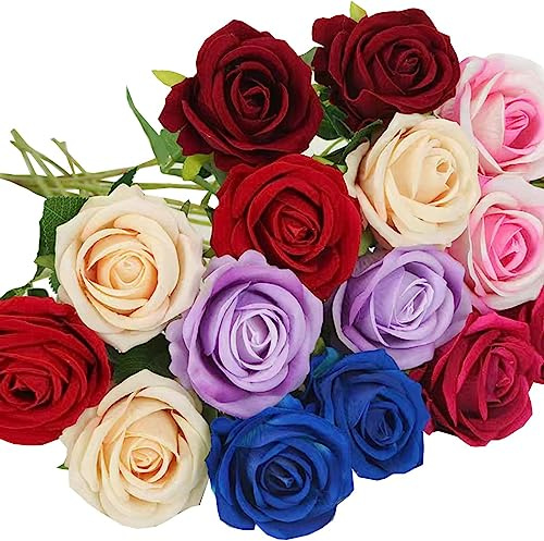 ZESLIV 12 PCS Künstliche Samt Rosen mit Stielen Künstliche Blumen wie echt für Hochzeit Arrangement Party Home Decor, Φ7cm