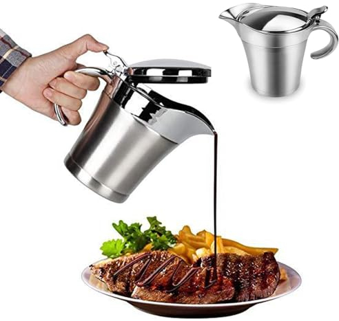 Edelstahl Thermo Sauciere, 450 ML Soßenkanne mit Klappdeckel Doppelt Isoliert Soßenkanne Saucenkrug Sauciere für Abendessen, Restaurants, Partys, Weihnachten, Silber