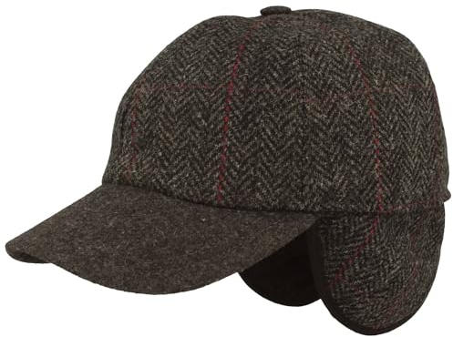 Breiter Winter Baseballcap mit Ohrenklappen Schildmütze ausklappbarer Ohrenschutz Wintermütze Kappe Grau Fischgrät 65
