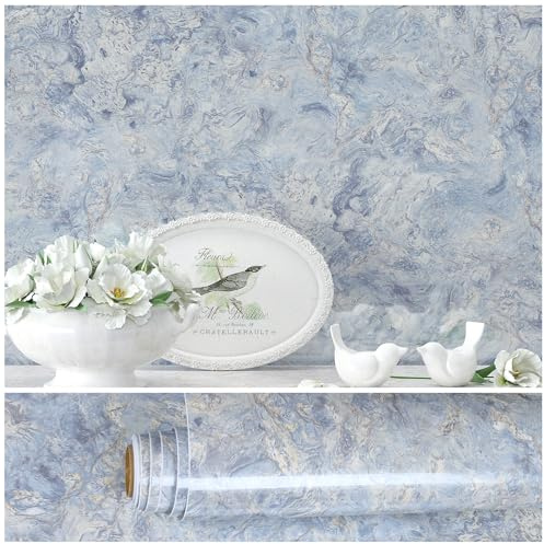 VEELIKE Marmor Tapete Blau Beige Vintage Klebefolie Marmoroptik Cremeblau Mamorfolie Selbstklebend Folie Küchenrückwand Küchentapete Abwaschbar Wandtapete Badezimmer Arbeitsplatte Tisch 40cm×300cm