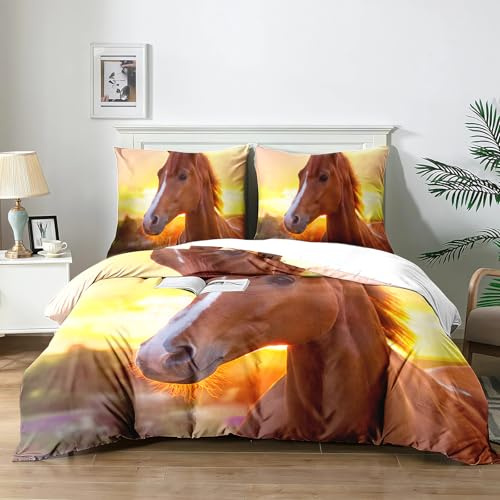 Yzehomijia Set di Biancheria da Letto Cavallo 140×200 cm,3D Cavallo Modello di Stampa Copripiumino,Bambini Copripiumino,1pc Microfibra Copripiumino + 2pcs Federe 65×65 cm (C1×140)