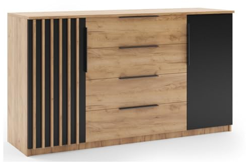BM-Möbel B&M Furniture Kommode mit Lamellen Sorento - Moderne Kommode Minimalistisch, Loft-Stil - 160x48x89 cm - Korpus Craft Gold, Fronten Schwarz/Craft Gold, Lamellen Craft Gold