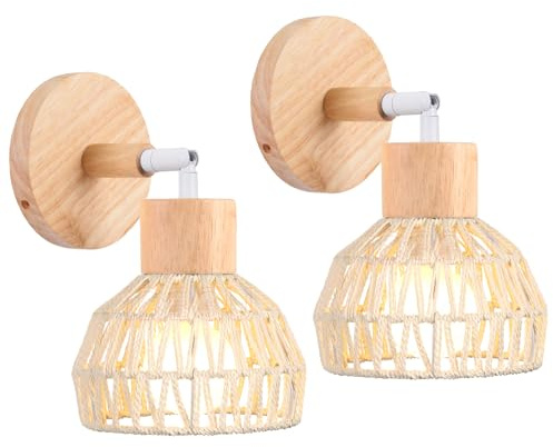 iDEGU 2 Pezzi Applique da Parete Interno Retrò E27 Lampada da Parete in Rattan e Legno Lampada a Muro Regolabile Lampada da Soffitto Vintage Decorazione per Camera da Letto Soggiorno Caffè (Bianco)