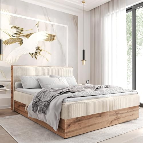 FURNISTAR Boxspringbett TILIA Doppelbett mit Bonellmatratze Bett mit Topper und Bettkasten Cord Stoff Polsterbett mit Kopfteil Modern Schlaffzimmer Wotan Plattet (180x200 Beige)