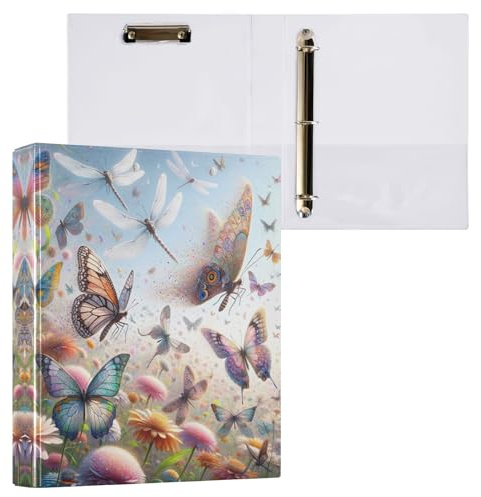 Bellissimi raccoglitori a 3 anelli con farfalle e libellule, 3,8 cm, organizer di base con clip in metallo antiscivolo, per forniture scolastiche e ufficio, confezione da 1