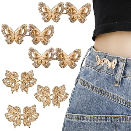 Hosenbundspanner, 6 Stück Verstellbare Schmetterlings-Jeansknöpfe Abnehmbare Jeansknöpfe Anstecknadel für Damen Ersatz für Lockere Jeans (Gold)