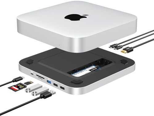 GEWOKLIY Mac Mini Hub y Soporte Con Carcasa SSD para NVME/SATA M.2, Dock Con HDMI 4K, Puerto USB C de 10 Gbps USB A/C, Lector de Tarjetas TF/SD para Mac Mini M1/M2 y Studio | Accesorios