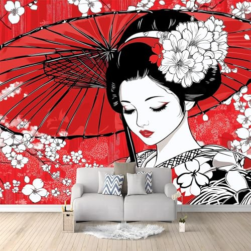 Générique Papier Peint Mural Salon Style Japonais Femme Sakura Rouge 300x210 cm Papier Peint Panoramique Intissé Moderne, Décoration Murale Poster Tableaux Muraux Imprimé 3D Tapisserie Photo