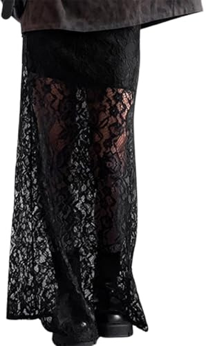Edhomenn Falda Midi de Encaje para Mujer Falda de Hada Grunge Bodycon Media Falda Sólida Transparente Envolvente Falda Larga Y2k Falda de Verano Playa, 08 Negro, L