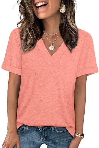 WIHOLL Summer Tops for Women 2026 Trendy Casual Short Sleeve V Neck T Shirts Loose Fit Fashion Cute Tops Spring Beach Vacation Clothes Coral XL