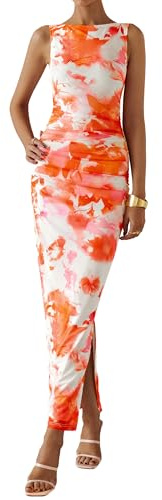 MASCOMODA Womens Bodycon Summer Dresses 2026 Sleeveless Floral Mesh Maxi Dress Side Slit Ruched Long Party Cocktail Dresses(Light Orange,Small)