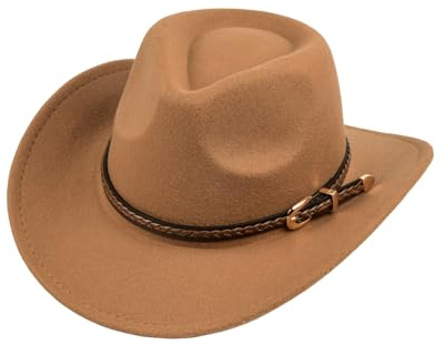 Classic Felt Wide Brim Cowboy Hat with Belt Buckle Western Style for Men Women Cowboy & Cowgirl Soft Felt Cowboy Hat,Khaki