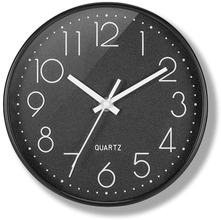 JIZZU Wanduhr Batteriebetriebene Uhr, 8 Zoll/20 cm Quartz Lautlos Wanduhren Ohne Tickgeräusche, Rund Moderne Wanduhr mit Klarglasscheibe, Wohnzimmer Einfach zu Lesen für Wohnzimmer(Schwarz)