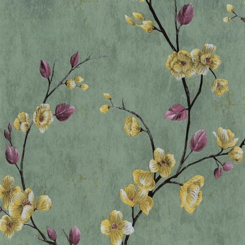 Abyssaly Selbstklebende Tapete Blumen, Vintage-Grün Klebefolie Möbel Blätter, Möbelfolie Selbstklebende Folie Muster Wasserdicht Dekofolie für Möbel Wände Küche 44cmX300cm