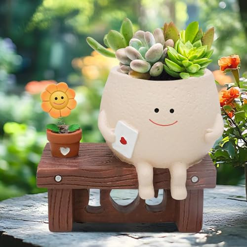 Lotvic Macetas de Cara Sonriente, Maceta con Cara Sonriente para Hogar Jardín Terraza, Macetero Caras Sonrientes con Agujeros de Drenaje, Girasol Primaveral, Regalo Ideal para Madre, Navidad