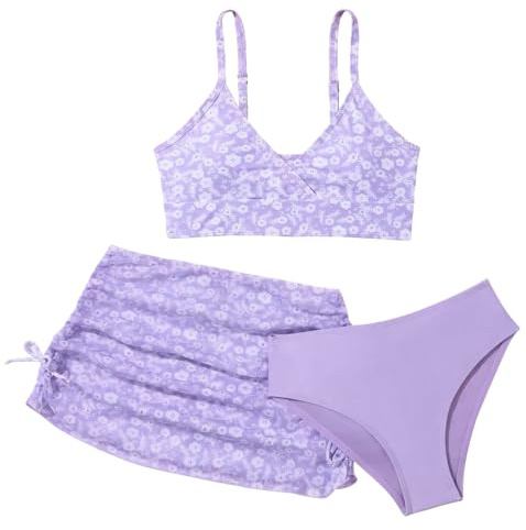 Happy Cherry Set 3 PCS Costumi da Bagno Bambina con Gonna da Spiaggia Ragazze Bikini Stampato Floreale Costumi da Nuoto Piscina Estate per 10-11 Anni Viola