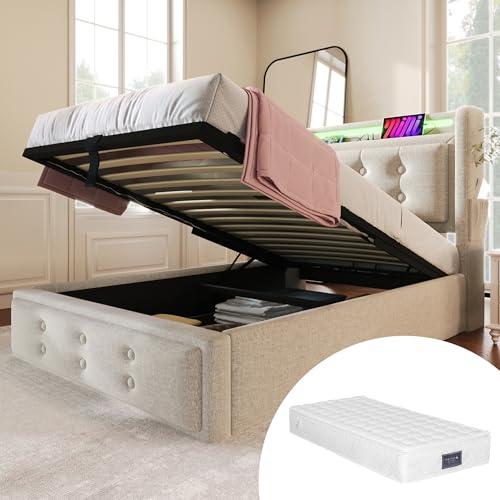 Polsterbett 90x200cm, Einzelbett mit Stauraum und Lattenrost, LED Kopfteil mit USB Ladefunktion, Stauraumbett Funktionsbetten Rückenlehne Bettgestell, Baumwolle (Beige 1, 90x200cm - Mit Matratze)