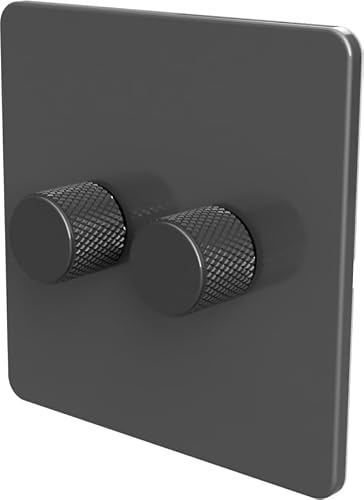 LED Dimmer Switch [Metal Knob/Plastic faceplate] 2-way Rotary Push On/Off for Dimmable LED and Halogen Lights, minimum brightness adjustable - Grey/Grey 2-Gang