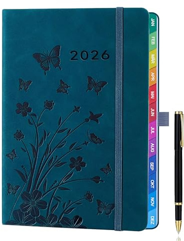 Kalender 2026 A5 – Wochenkalender, Terminkalender, Wochentimer & Wochenplaner (Jan – Dez 2026), mit Monatsübersicht, Notizseiten, Kontaktseiten und Stift, Hardcover Buchkalender – Pfauenblau