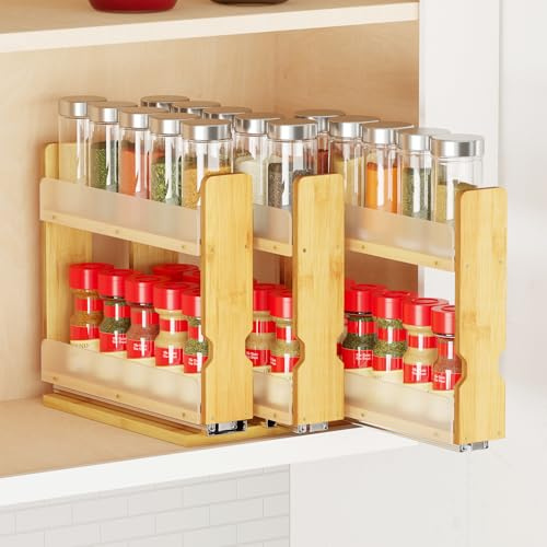 SpaceAid Bamboo Pull Out Spice Rack Organizer for Cabinet, Heavy Duty Slide Out Seasoning Kitchen Pantry Sliding Vertical Organization, 7.6 Wide, 3 Drawers(2 Wide), 2-Tier, Natural