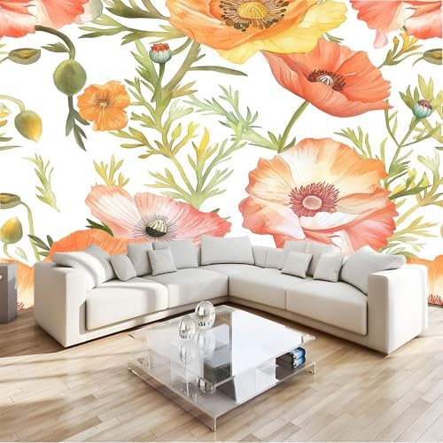 Carta da parati fotografica Piante E Fiori Acquerellati 350 x 256 cm Vello Decorazione Murale Soggiorno Camera Da Letto Colore Arancione, per soggiorno, camera da letto, resistente ai raggi UV