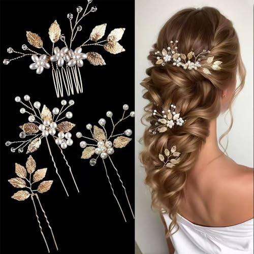 XFSRG 4 Piezas Peine para el Cabello Nupcial Horquillas Pelo Boda de Diamantes de Imitación y Perlas Hojas Tiara Nupcial Accesorios para el Cabello Hair Clips para Mujer Niña (Dorado)