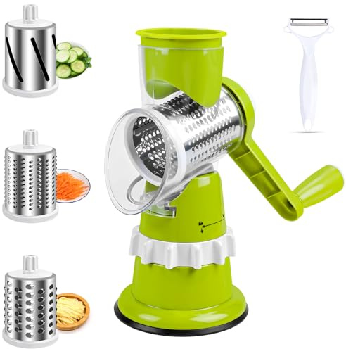 Kuvarix Coupe Legumes Multifonctions, Mandoline de Cuisine Manuelle 4 En 1 avec 3 Lames de Tambour Détachables 1 Grattoir, Rapeuse Legume pour Légumes, Fromage, Concombres, Carottes, Noix