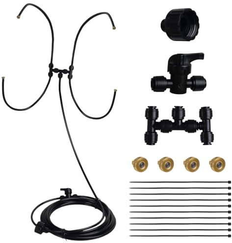 Kit de nebulización con ventilador, pulverizador de agua con 4 boquillas, sistema de refrigeración para exteriores, manguera de 6 metros y adaptador de 3/4 pulgadas para la terraza, el balcón