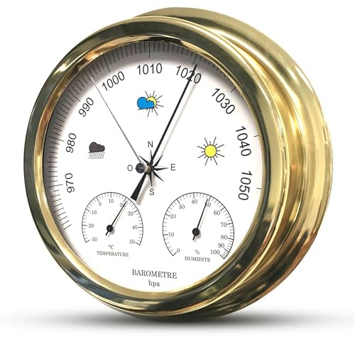 FISHTEC Baromètre Mécanique Analogique Élégant avec Thermomètre et Hygromètre - Cadre Doré 22,5 cm - Prévisions Météo par Pression Atmosphérique