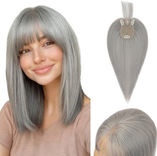 S-noilite Haar Toppers für Frauen mit dünnem Haar - Toupets mit Pony 27g Oberkopf Flauschiger Glatter Hair Topper 25cm - # Grau