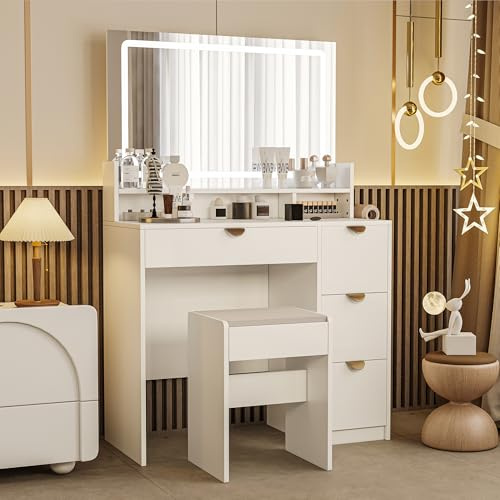 KeepGoon Tocador con taburete, espejo táctil LED tricolor y puerto USB, tocador con espejo, 4 cajones y secador de pelo, blanco