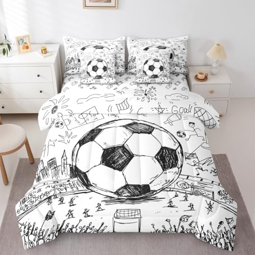Erosebridal 7 Piece Boys Soccer Twin Comforter Set with Sheets Football Field Teen Boy Bedding Sets Style Black White Sports Games Kids Bed in A Bag Hand Drawn Style Bed Set