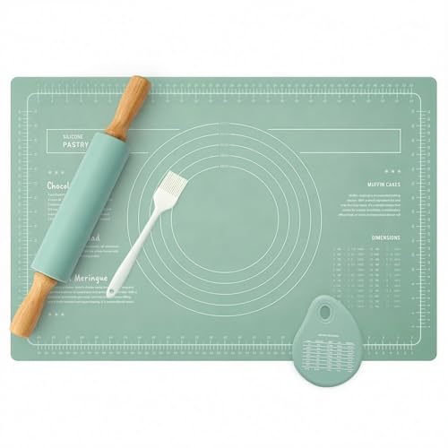 GREENSAPPIRE Wooden Rolling pin &Silicone Baking mats Set Large 40×60cm Non-Stick Pastry Mat with Pastry Brushes and Dough Scraper with Measurements for Dough Cookies Fondant Heat Resistant (Green L)