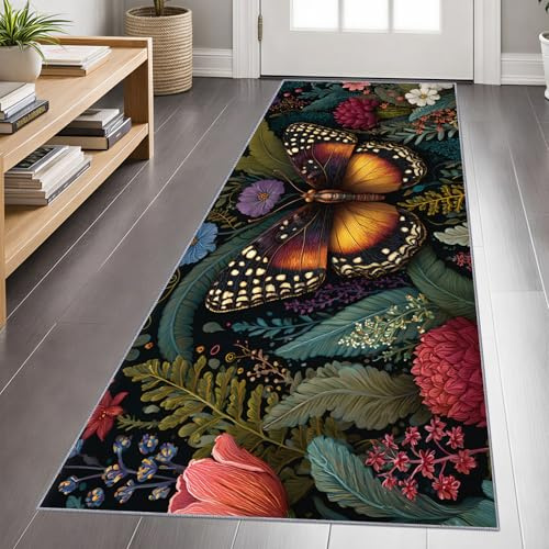 Rustic Cabin Boho Teppich Läufer 60x180cm, Schmetterling mit Blumen Teppichläufer, Rustikal-Dunkel Küchenläufer, Weicher Kurzflor Teppich für Flur, Korridor, Eingang, Esszimmer