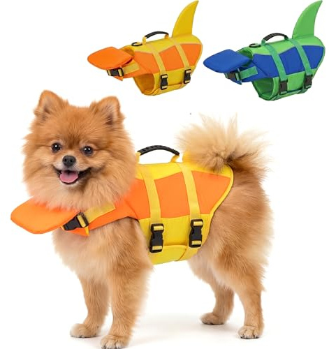 SMALLLEE_LUCKY_STORE Cute Shark Dog Life Jacket for Small Medium Large Dogs, Safety Life Vest with Front Chin Float and Rescue Handle High Buoyancy Puppy Floating Swim Vest,Yellow,M
