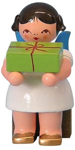 Engel mit Geschenk - Blaue Flügel - sitzend - 6cm / Weihnachtsengel - Original Erzgebirge Engel -Kunstgewerbe Uhlig