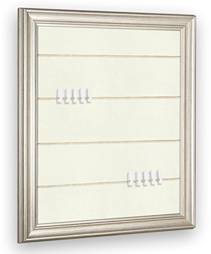 Bildershop-24 Cornice portafoto ATHEN con corda e 20 mollette in legno per appendere le foto e cartoline, 50 x 70 cm, argento anticato con passepartout in bianco crema, bacheca da parete