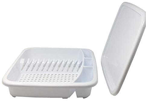 Tradineur - Escurreplatos de plástico rectangular con bandeja 38,5 x 38,5 x 8 cm, escurridor de cocina, recipiente secado de vajilla, color aleatorio
