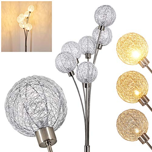 Lampadaire Bernado en métal, nickel mat et abat-jour grillagé - Luminaire pour 6 ampoules G9 idéal dans un salon - chambre à coucher - avec variateur et interrupteur à pied sur le câble, sans ampoules